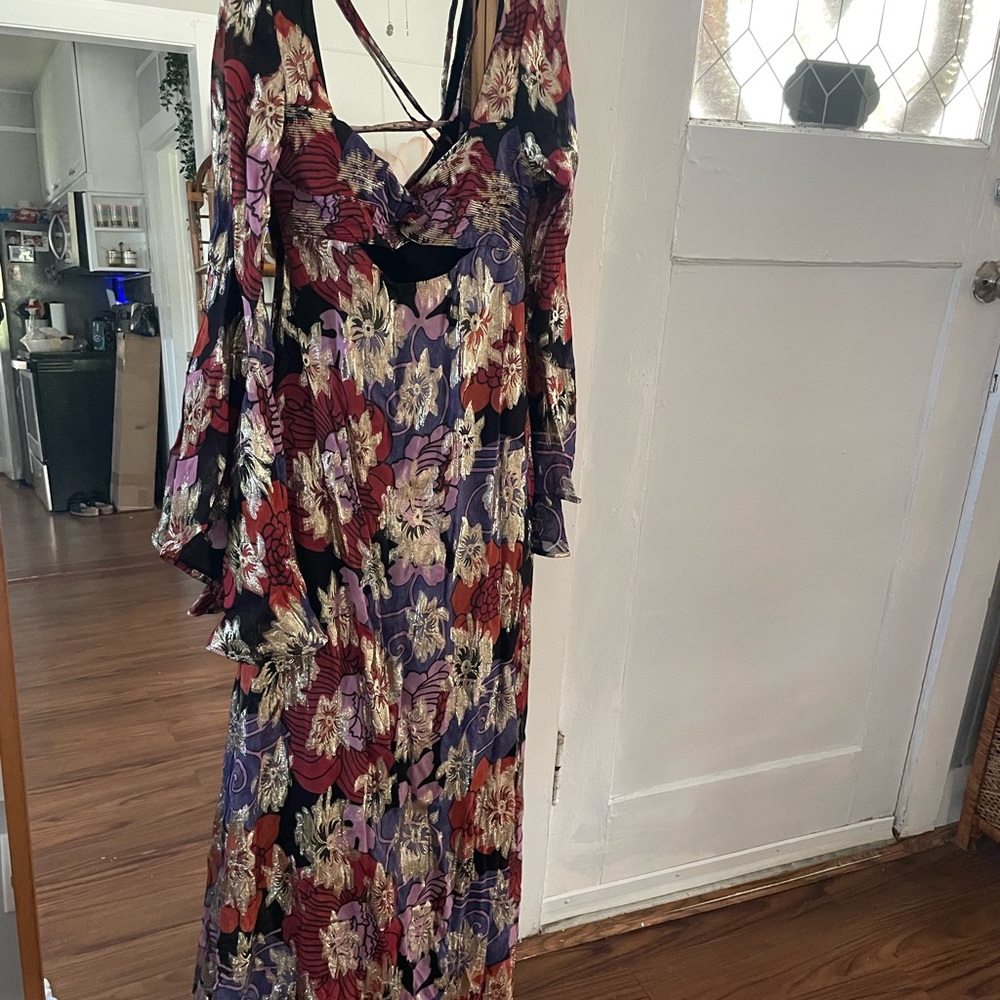 Nasty Gal Red and Pink Flutter Sleeve Maxi Dress